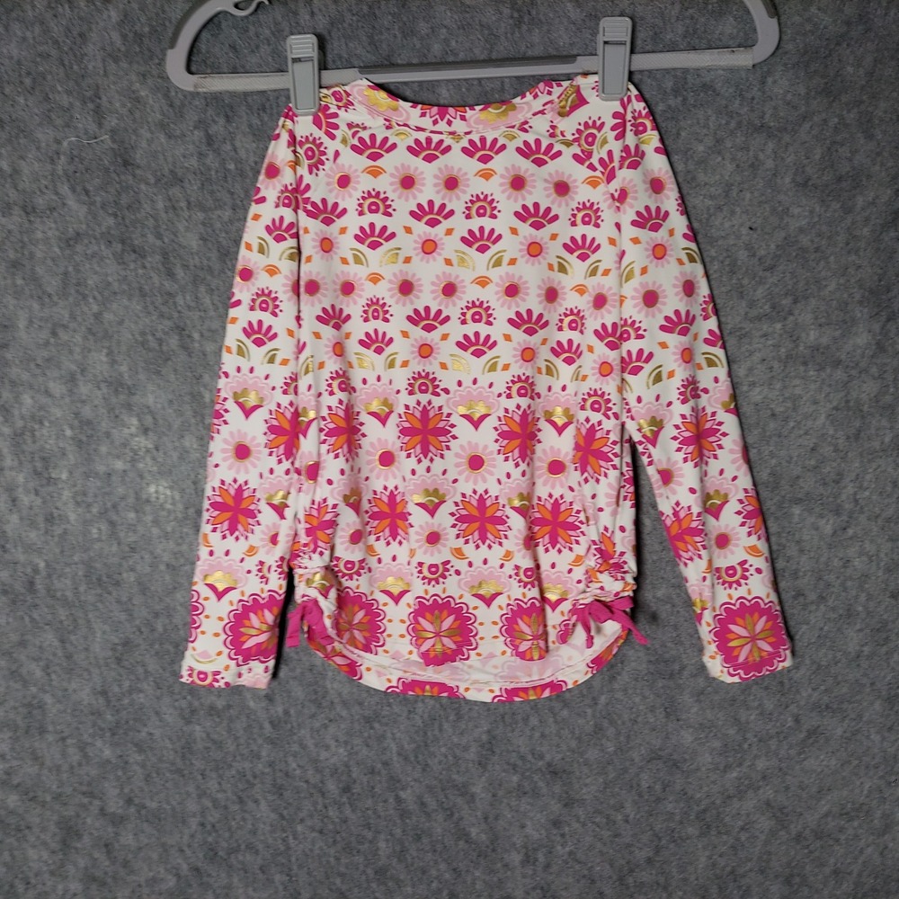Hatley Girls Rash Guard Size‎ 5 Pink Floral Boho Gold Foil Sun Protection Shirt